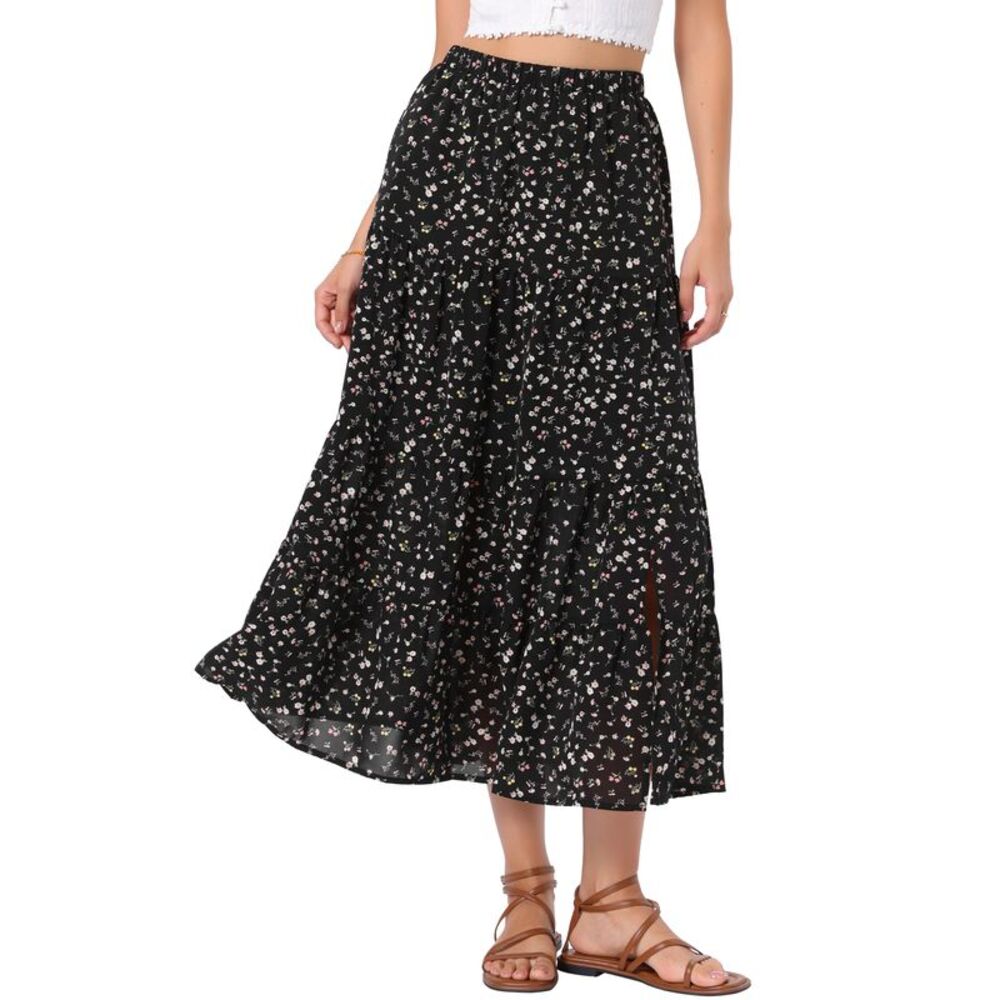 Women Boho Elastic High Waist A-Line Skirts Floral Maxi Skirt Black